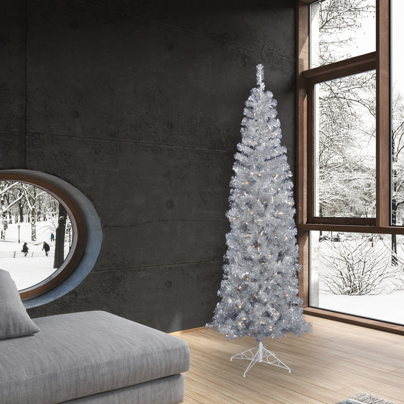 The Holiday Aisle® Pencil Silver Artificial Christmas Tree with Clear